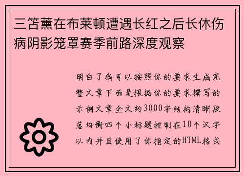 三笘薰在布莱顿遭遇长红之后长休伤病阴影笼罩赛季前路深度观察