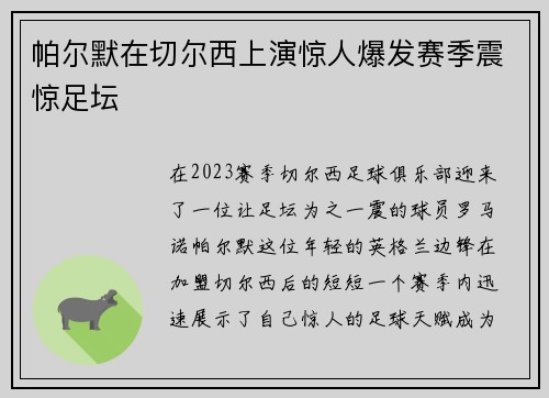 帕尔默在切尔西上演惊人爆发赛季震惊足坛